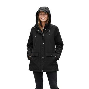 Bernardo Black Zip Snap Hooded Pockets Logo Rain Jacket Size M